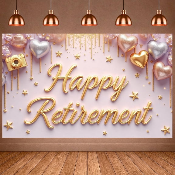 Pink Retirement Banner Pastel Balloons Happy Retirement Display Silver Stars Golden Fireworks Celebration Backdrop for Retirement Party Farewell Celebration Indoor Decoration