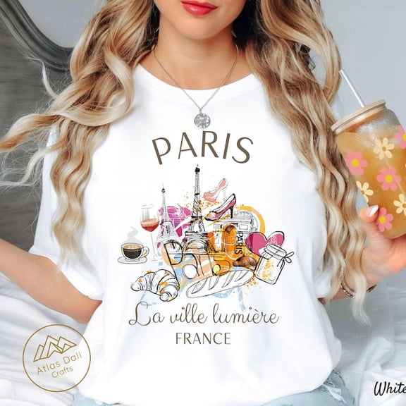 Paris France Eiffel Tower Graphic T-Shirt Vintage French Chic Aesthetic Women Fashion Travel Souvenir Tee Retro White Short Sleeve Top