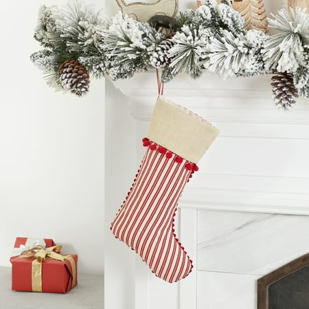 Holiday Time Red Stripe with Pom Poms Christmas Stocking, 20