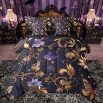 Feelyou Fashion Gold Leaf Bedding Comforter Set 7pcs, Mystic Romantic Butterfly Queen Bedding Sets, Retro Flower Reversible Queen Sheet Sets, Microfiber Bedroom Decor