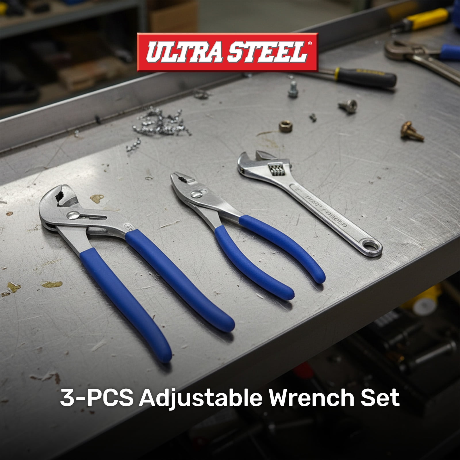 ULTRA STEEL 3-Piece Adjustable Wrench Set, 10 Inch Groove Joint, 8 Inch Slip Joint, 8 Inch Adjustable Wrench, Carbon Steel, Chrome Plated