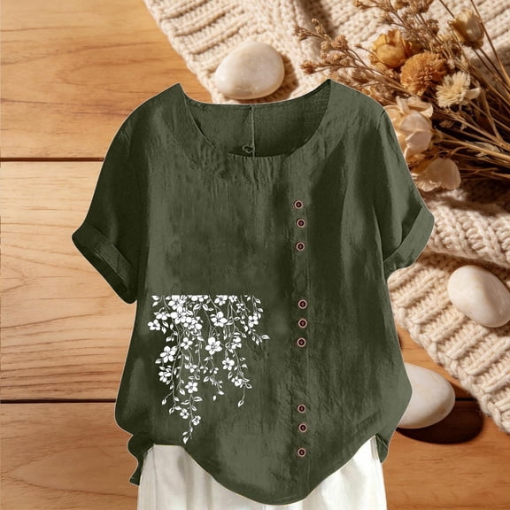 YueHuiYing Women's Fashion Casual Floral Print Short Sleeve Cotton-Linen Blend Button-Up Short Sleeve Crew Neck Top/Shirt
