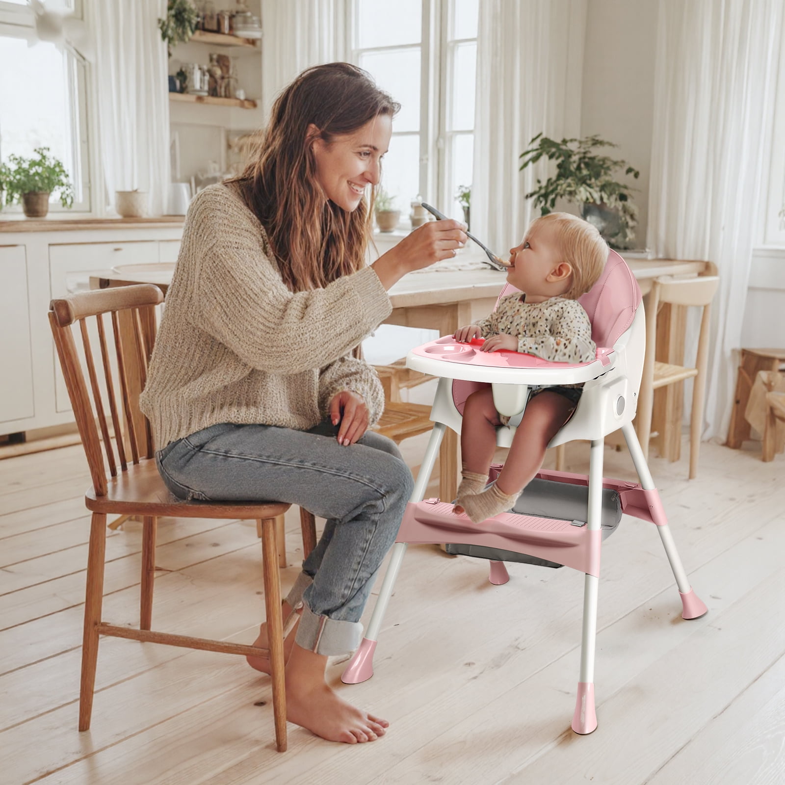 Ktaxon Baby High Chair, Convertible 6 in 1 High Chairs for Babies and Toddlers, Foldable Baby Highchair with 5-Point Safety Harness, Adjustable Dining Tray, Backrest & Height, Pink