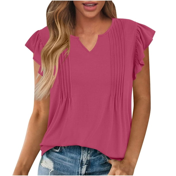 Top corto,Blusa de mujer con cuello en V y volantes, camisa de punto plisada, manga corta, 100 % poliéster, ropa informal, sopatenor