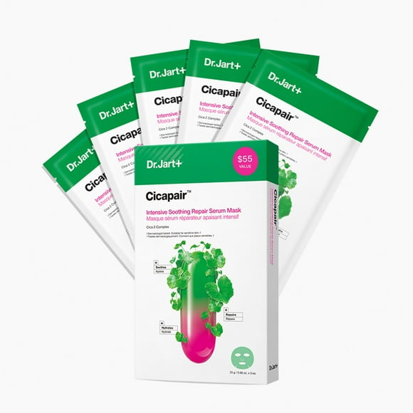 Dr.Jart+ Cicapairâ„¢ Sensitive Skin Serum Face Mask for Redness with Centella Asiatica | Sheet Mask | Korean Skin Care, 5 Pack