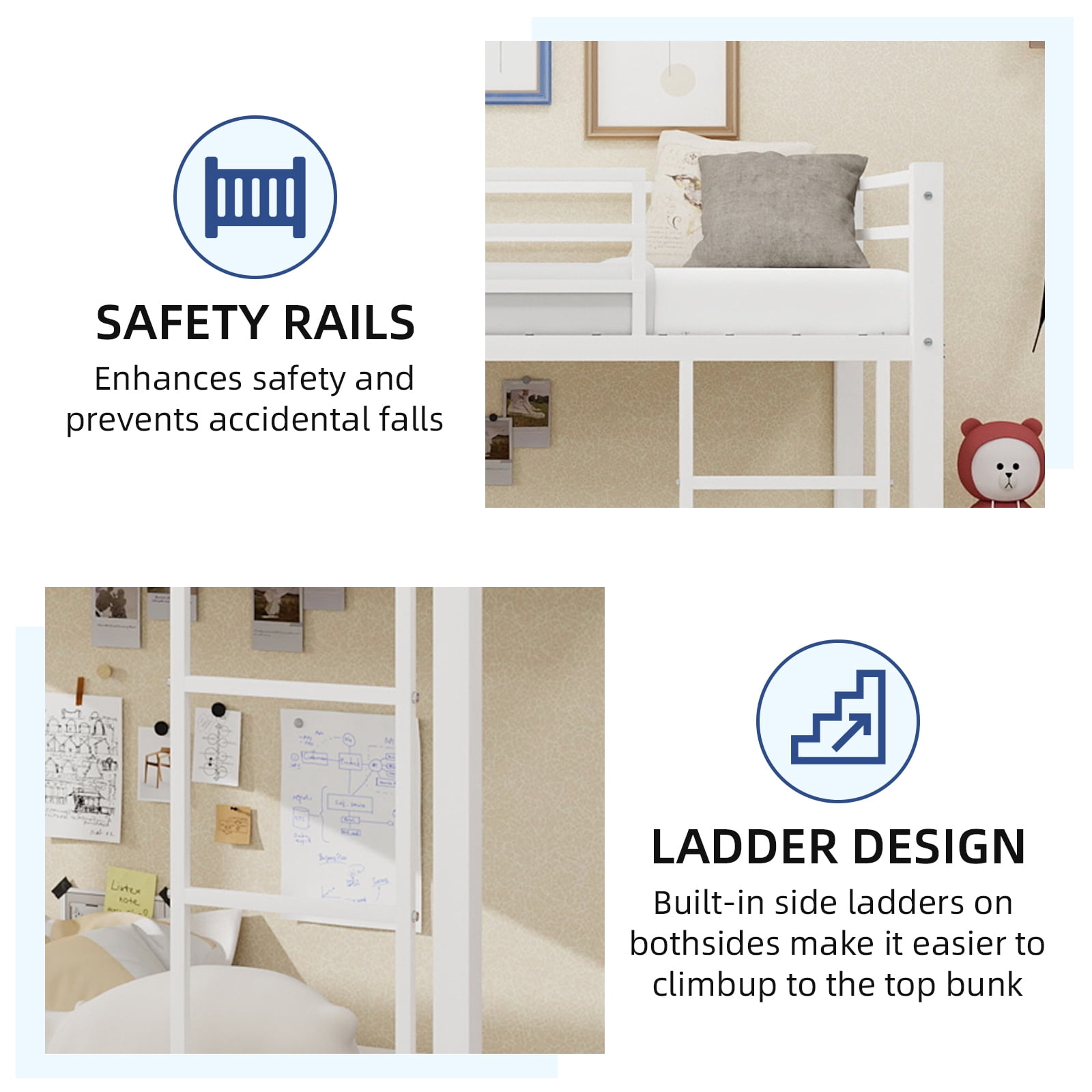Leumius Twin Bunk Bed with Slide,Heavy Duty Metal Bed Frame with Ladder and Durable Guardrail,Space Saving,Easy Assembly,White