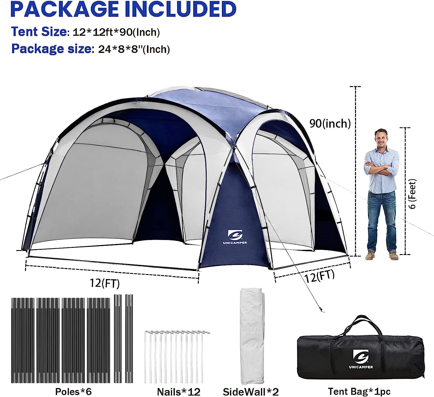 UNP Easy Beach Tent 12 X 12ft Pop Up Canopy UPF50+ Tent with Side Wall, Ground Pegs, and Stability Poles, Sun Shelter Rainproof, Waterproof for Camping Trips, Backyard Fun, Party Or Picnics (Blue)