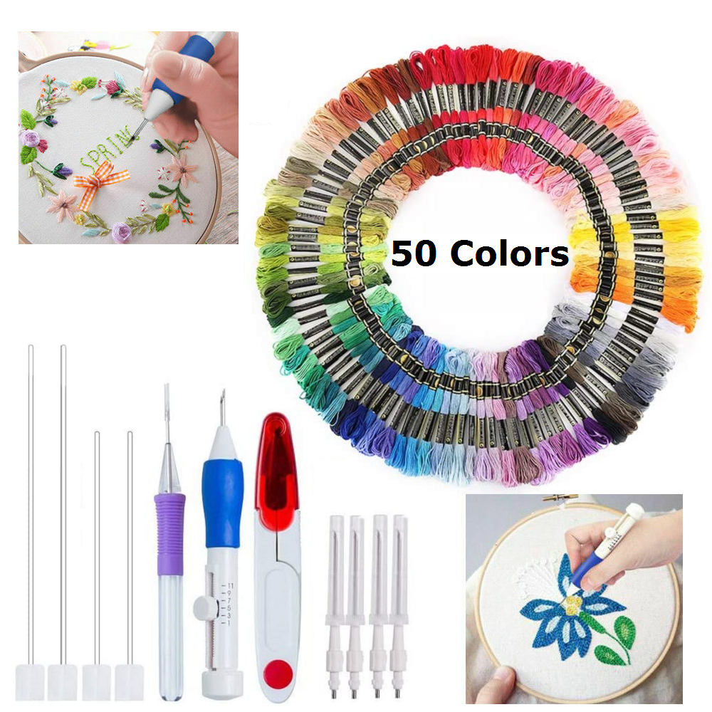 Embroidery Stitching Punch Needle Tool Set with 50 Mix Colors Sewing