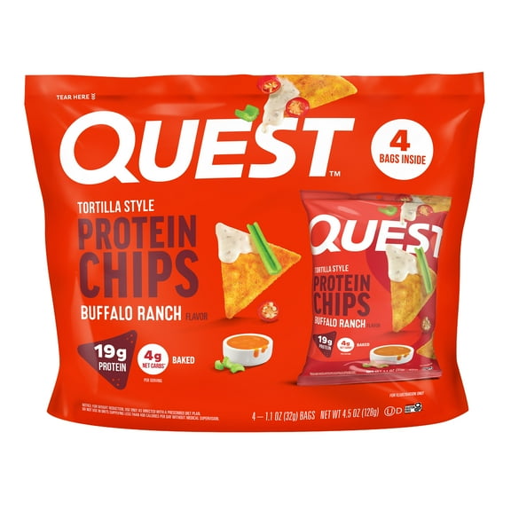 Quest Tortilla Style Protein Chips, Buffalo Ranch Flavor, Baked, 1.1oz Bags, 4 Count