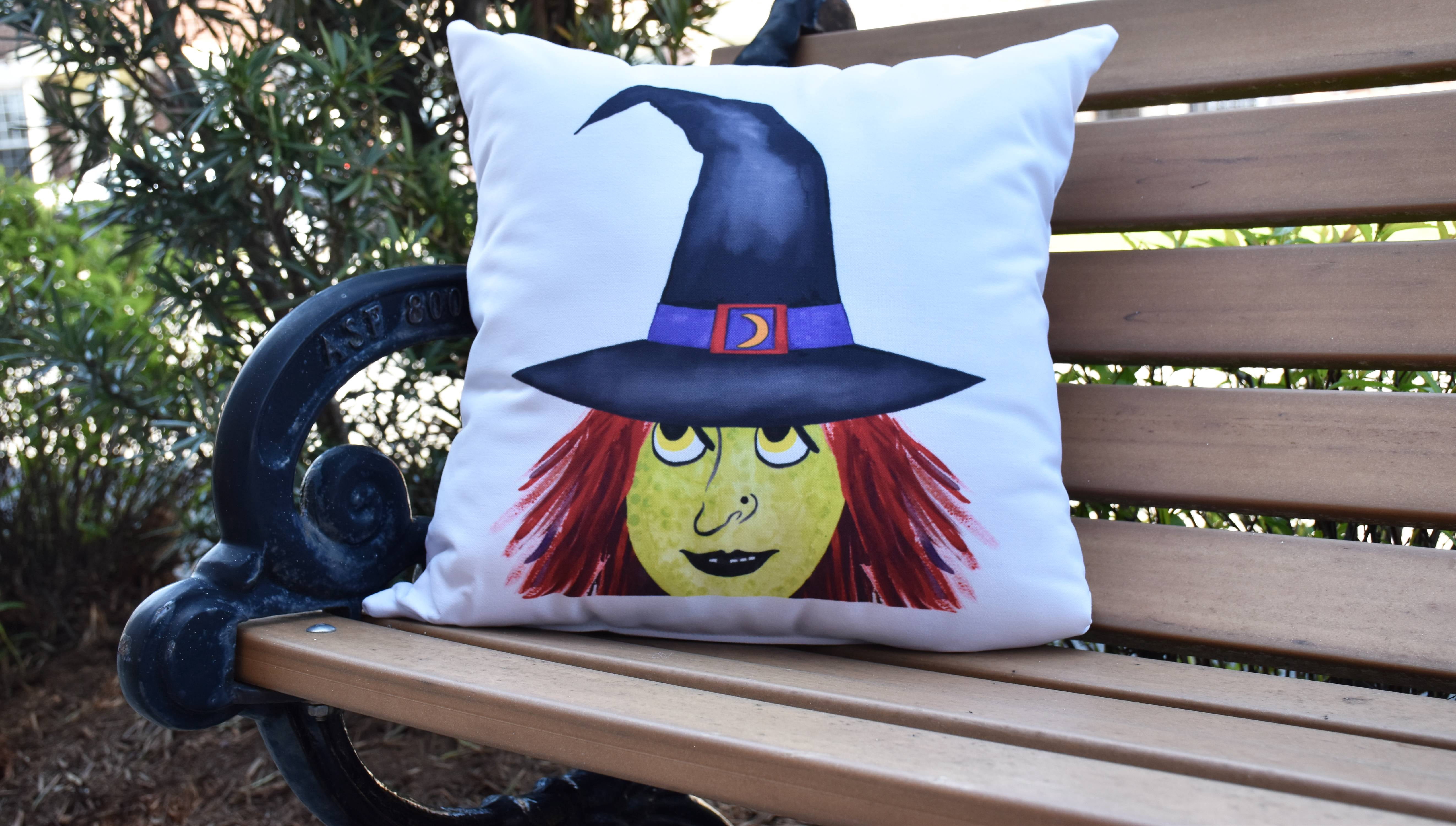 Simply Daisy, 16" x 16" Peek A Boo Witch Cream Halloween Print Decorative Throw Pillow