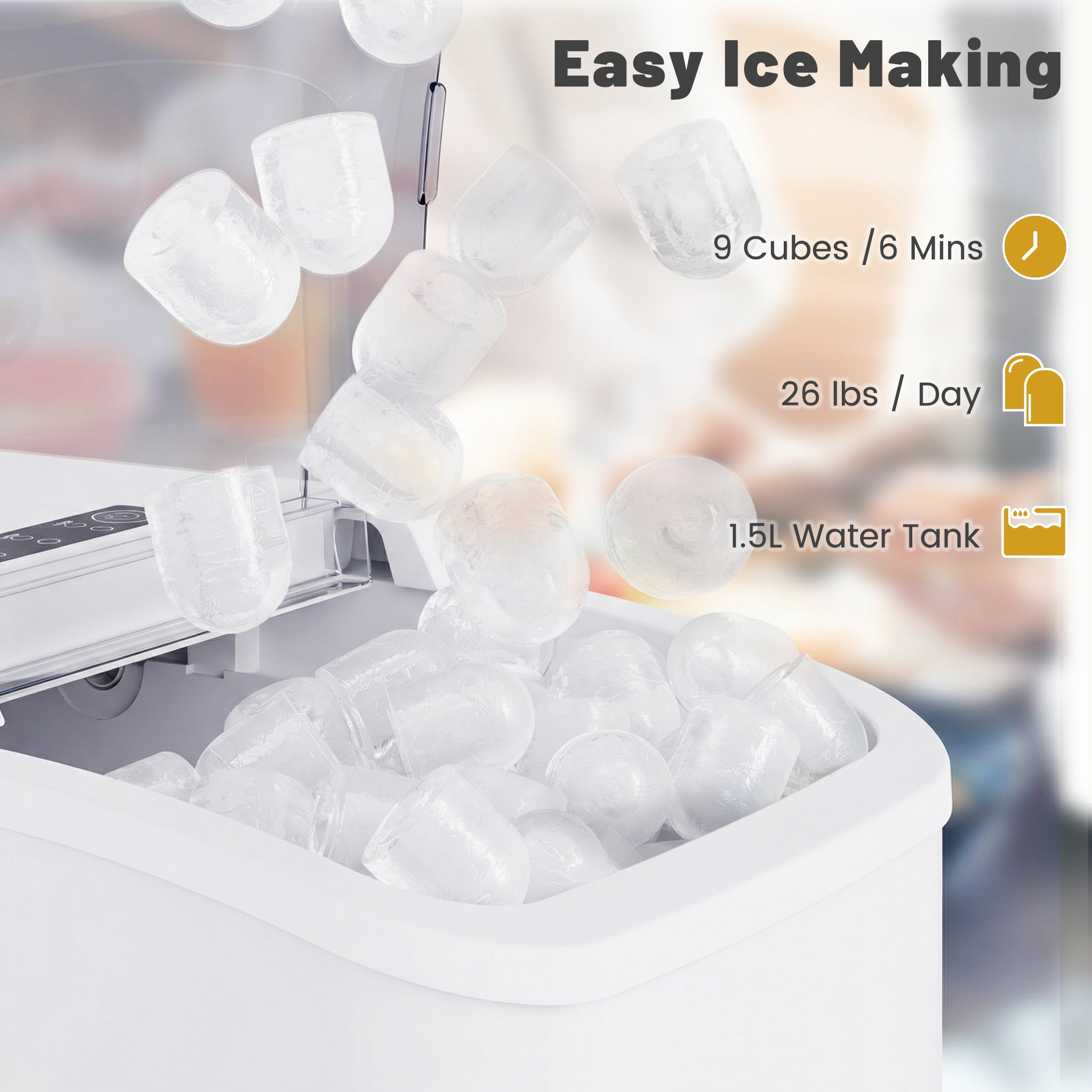 EDX Countertop Ice Maker, Self-Cleaning Portable Ice Maker Machine with Handle and Ice Scoop 9Pcs/6Min 26.5Lbs/24H White