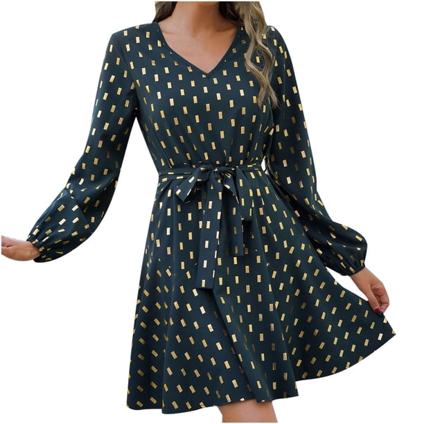 Moda Casual Mujer Cuello en V Jersey Bronceado Impreso Manga larga Temperamento Vestido de viaje Fridja qw5939