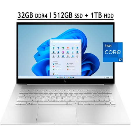 HP Envy 17 Business Laptop 17.3" FHD IPS 100% sRGB Touchscreen 11th Gen Intel Quad-Core i7-1165G7 32GB DDR4 512GB SSD 1TB HDD GeForce MX450 2GB Backlit Keyboard Fingerprint Reader B&O Win11 Silver