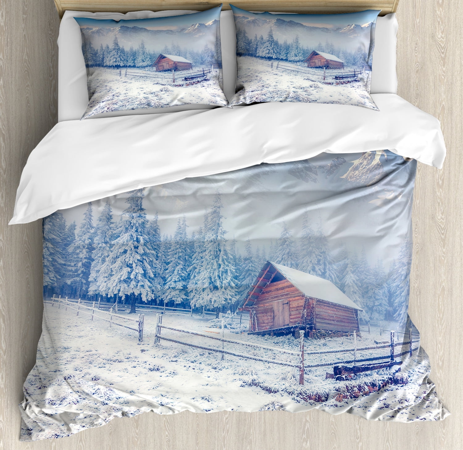 Winter King Size Duvet Cover Set, Old Farmhouse in Snow Mountains and