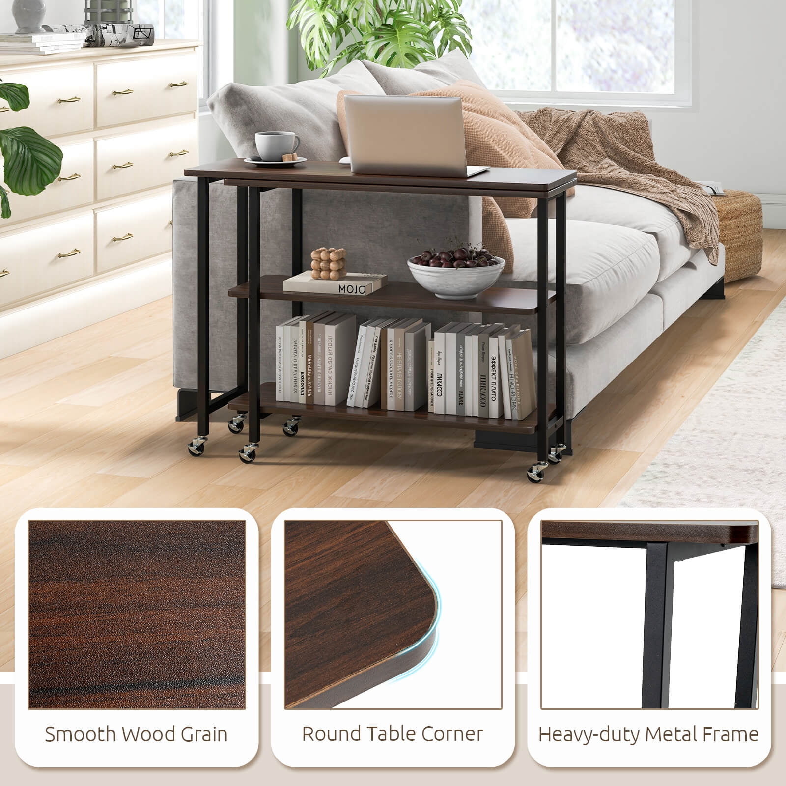 Costway 360° Rotatable Sofa Side Table L-shaped Laptop Desk Snack Table withShelf Patented Walnut