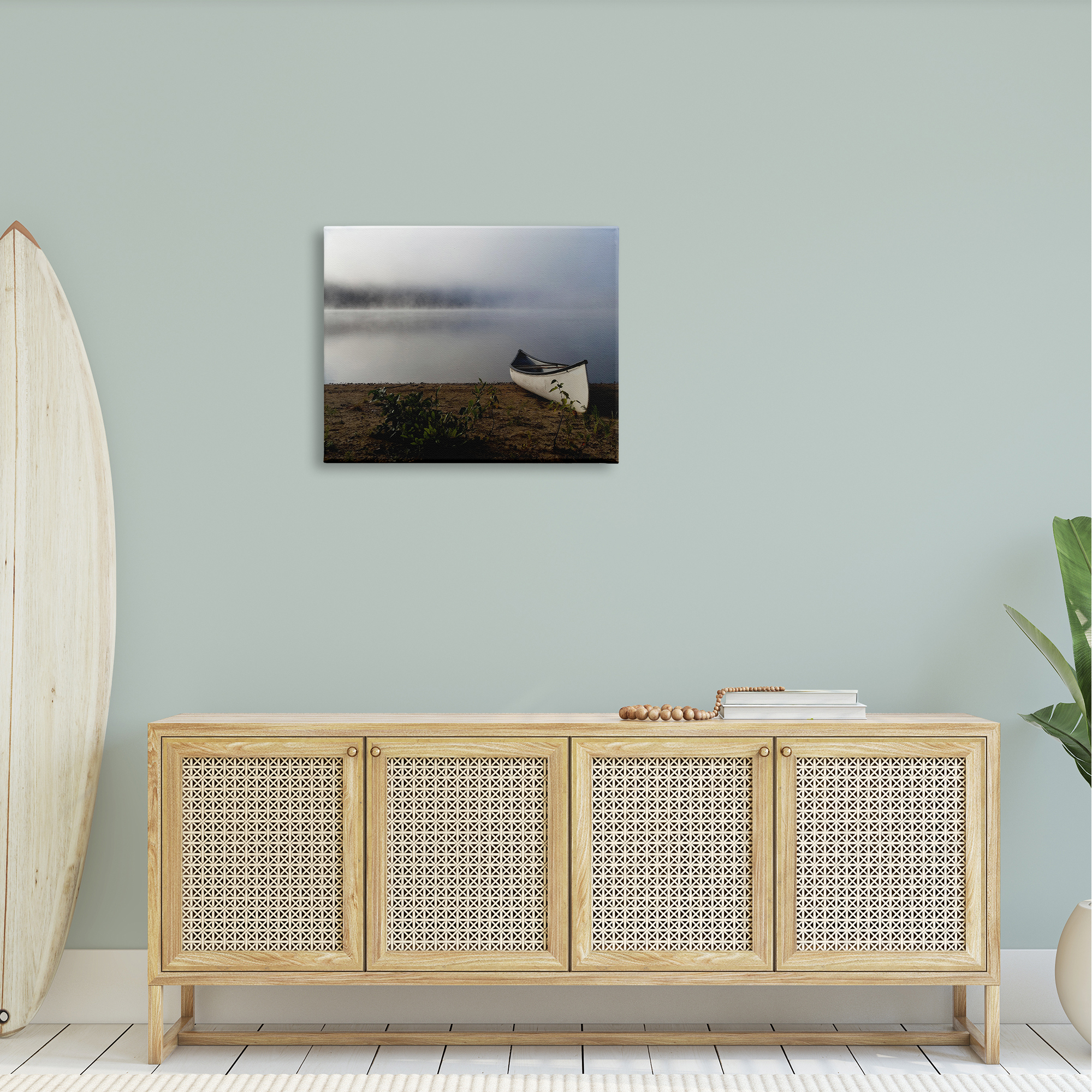 Stupell Industries Lone Canoe Tranquil Foggy Lake Beach Weather Photograph Gallery Wrapped Canvas Print Wall Art, Design by Daphne Polselli