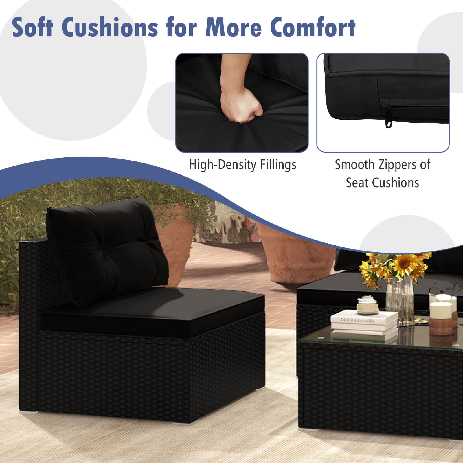 Costway 5 Piece Outdoor Furniture Set with Seat & Back Cushions Tempered Glass Tabletop Black