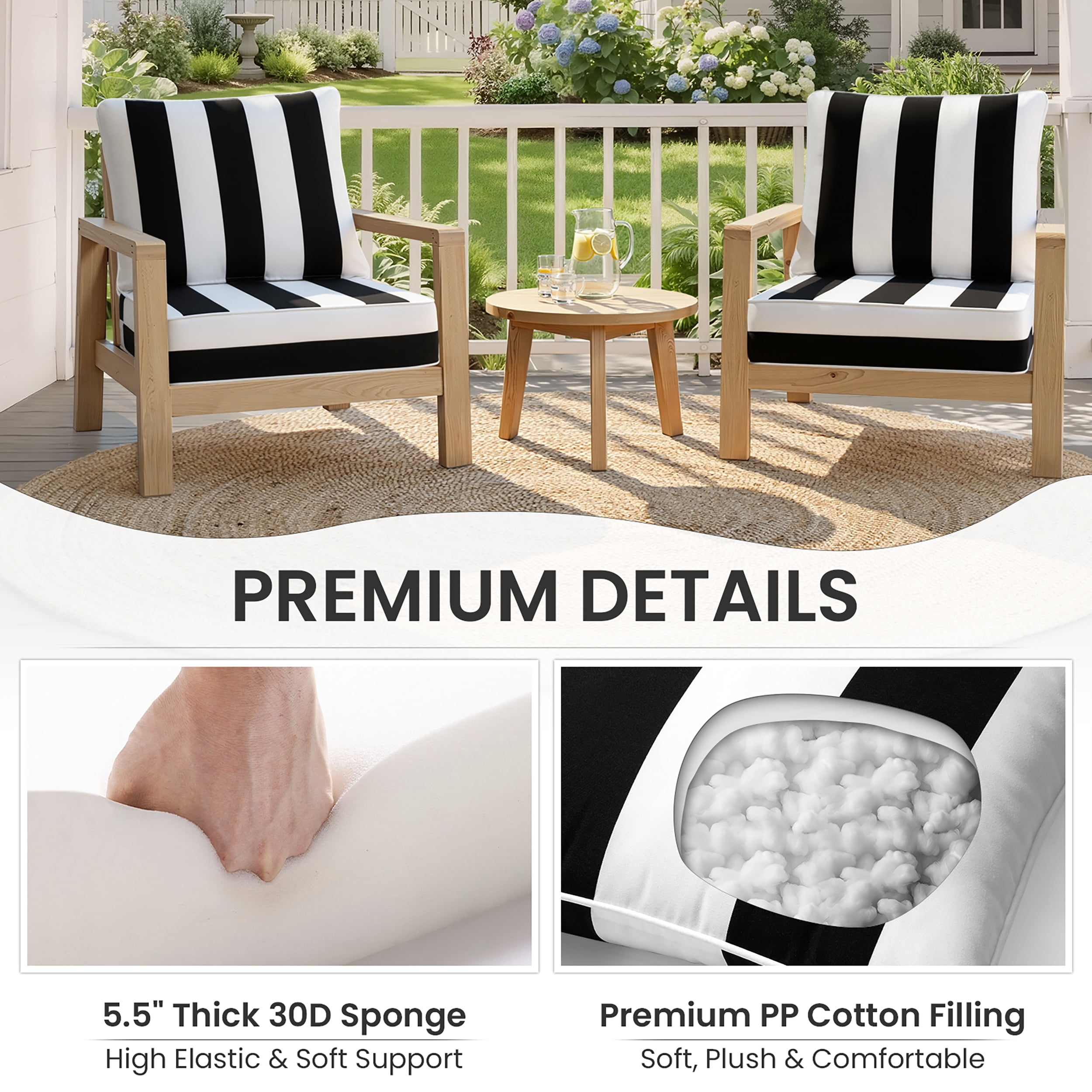 Crestlive 5.5" Outdoor Cushion for Patio Furniture Set of 2, 24 x 24, Waterproof and Fade-Resistant Deep Seat Cushions for Chair, Wicker Sofa and Couch, Black White Striped