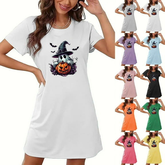 Oksale Halloween Night Gowns for Women Short Sleeve Nightgowns Cute Graphic Night Gown Casual Crew Neck Short Sleep Dress Soft Comfortable Loungewear Blue XL