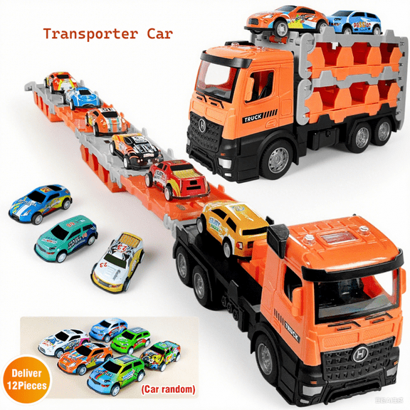 Transporter Truck & Toy Car for Kids, 12Pieces Mini Car Race Track for Toddlers Ages 3 Christmas Birthday Gifts(Orange)