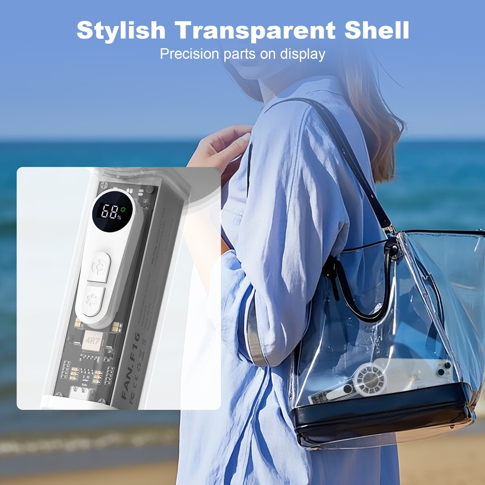 Handheld Turbo Fan with Ice Cooler, Transparent Design, Dual Airflow, 5000mAh Rechargeable Battery, 6-Speed