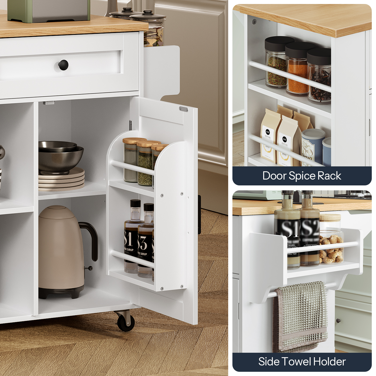 HOOBRO Rolling Kitchen Island with Drop Leaf Bar Countertop & Power Outlet, Farmhouse Island Cart with Storage, 47" Kitchen Island Cart with Side Spice Rack & 2 Drawers, White and Natural WN35UZD01