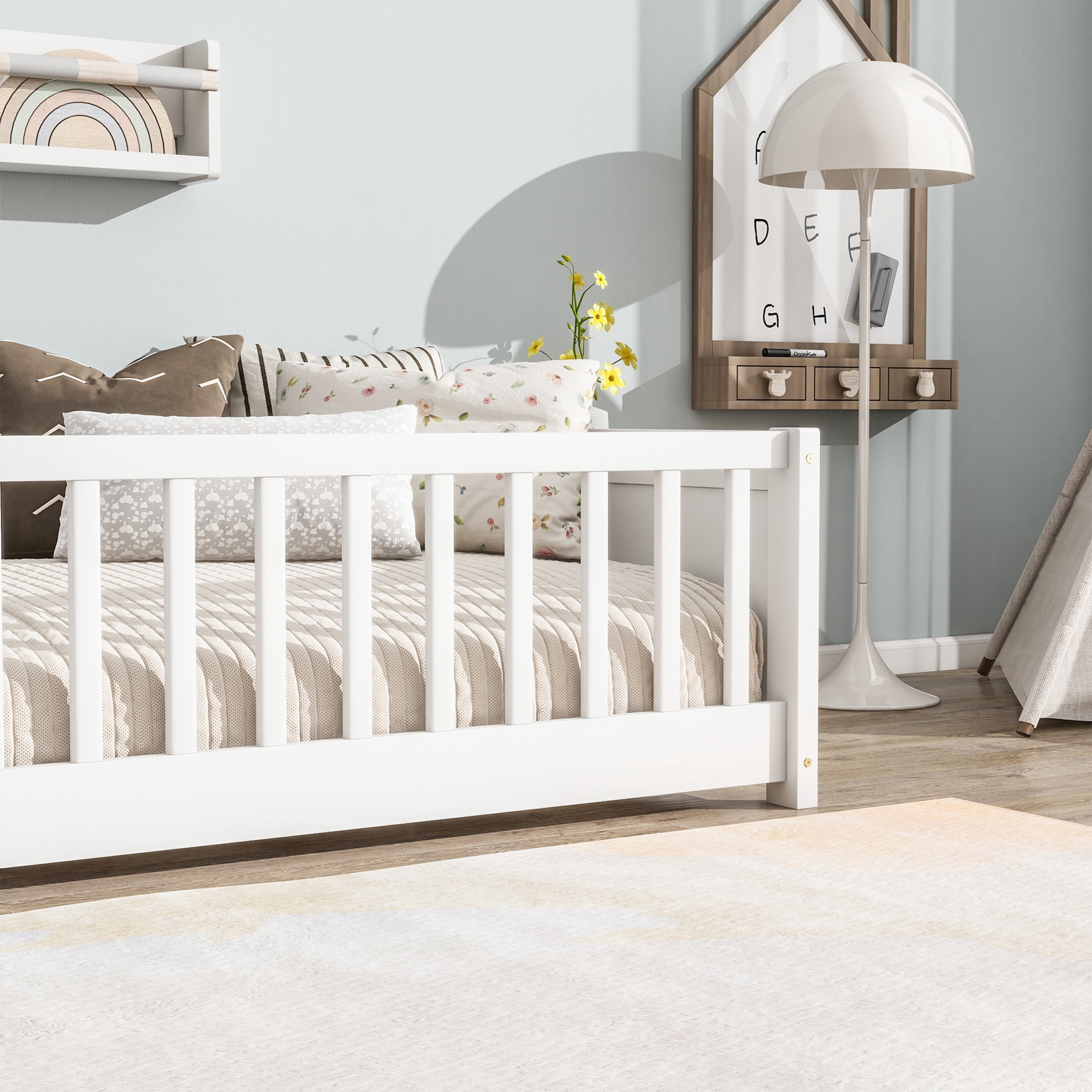 Noble House Devon Twin Floor Bed with Built-in Book Rack, Sturdy Rubber Wood Montessori Bed with Fence, White