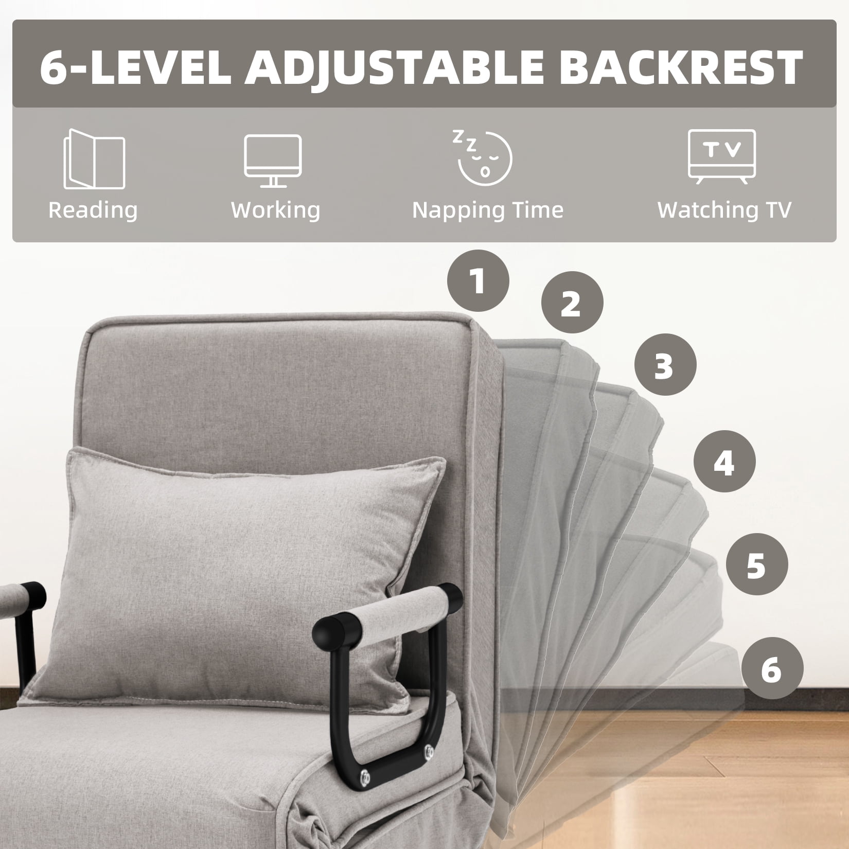 Avocahom Convertible Sofa Bed Sleeper Chair,6 Angles Adjustable Backrest, Single Person Chaise Lounge Couch w/ Pillow, Folding Bed for Overnight Guests, Foldable Sofa Arm Chair for Office, Light Gray