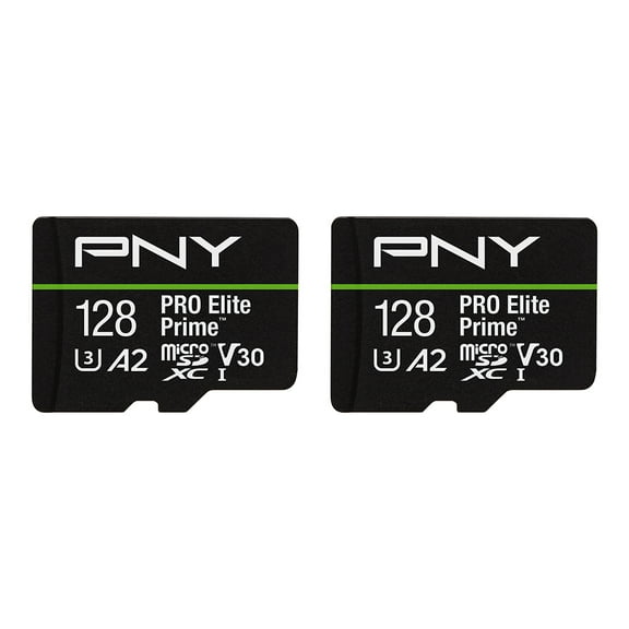 PNY 128GB PRO Elite Prime™ C10 U3 V30 A2 microSDXC Flash Memory Card – Ultra-Fast Speeds, Read 200MB/s, Write 150MB/s, 4K UHD, Full HD, UHS-I, For Smartphones, Drones, Action Cameras, 2-Pack