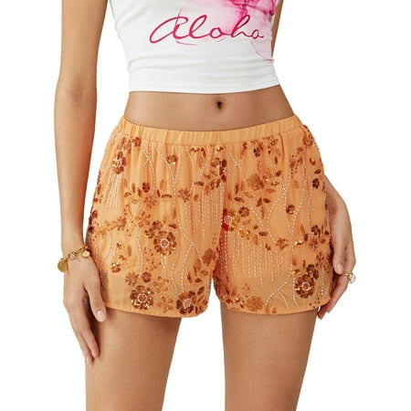 Xsylife Beaded Sequin Mini Shorts Glitter Coquette Floral Elastic Waist Boxer Shorts Y2k Bottoms Cute Summer Going Out Clothes 2025