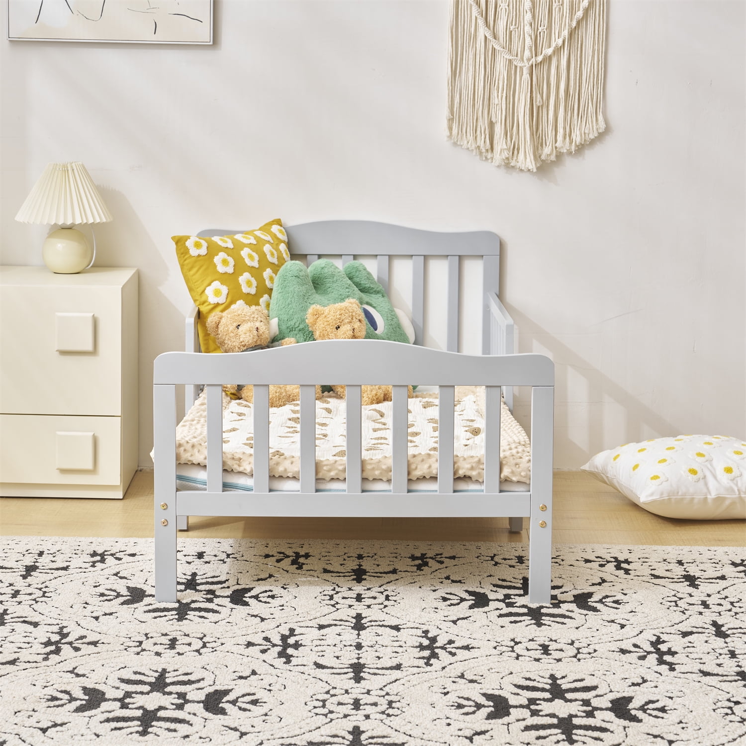Ktaxon Toddler Bed, Solid Wood Frame, Safety Guardrails, Gray, 53