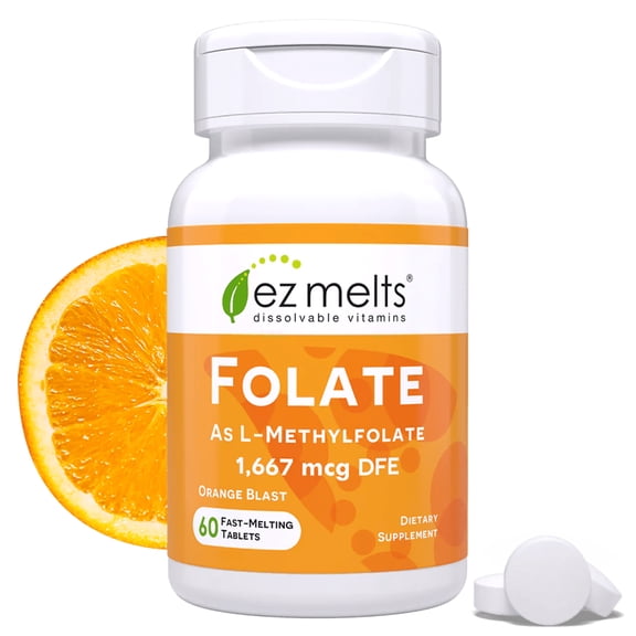 EZ Melts Dissolvable Folate 1,667 mcg, L-Methylfolate, Sugar-Free, 2-Month Supply - 1 Pack