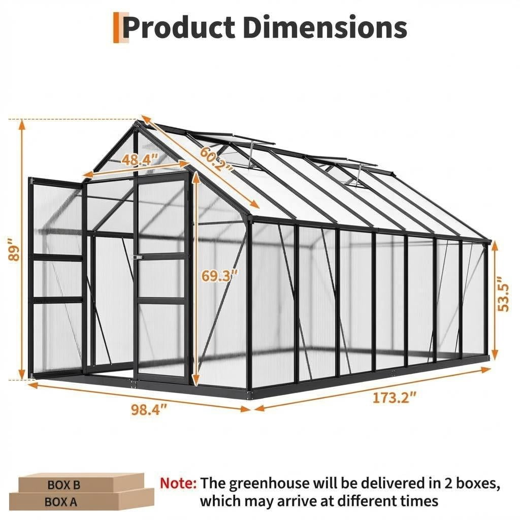 Large Walk-In Polycarbonate Greenhouse, Aluminum Frame, Roof Vent, Wind Resistant, Quick Setup for Backyard