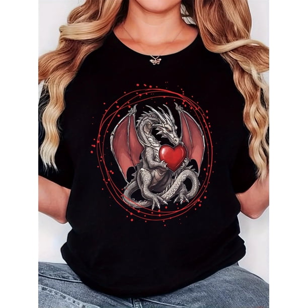 Camiseta Para Mujer Ropa De VeranoWomen'S T-Shirt, "Pterosaurs Hold Red Hearts" Print, Retro Minimalist Fashion, Round Neck, Casual Comfort, Sports Short Sleeve T-ShirtFather's Day, Mother's Day, Ne