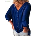 thumbnail image 4 of BadPiggies Womens Plus Size Loose Blouse 3/4 Sleeve Back Buttons T Shirts Casual V Neck Solid Tops For Summer Fall (L, Blue), 4 of 9