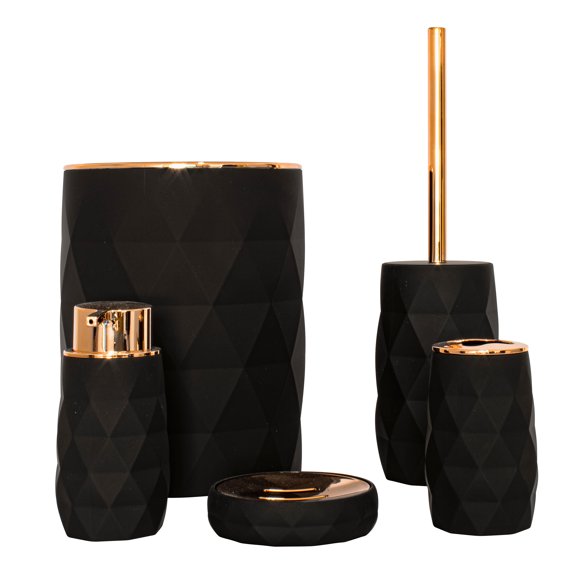 Set Elegante para Baño de 5 Accesorios, Color Negro y Oro Cobrizo