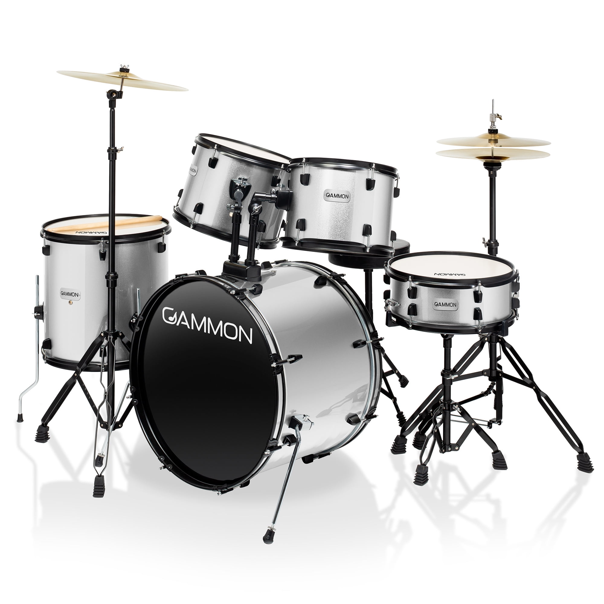 Gammon Percussion 5pc Adult Drum Set - Full Size Beginner Kit w/ Stool & Stands - Silver