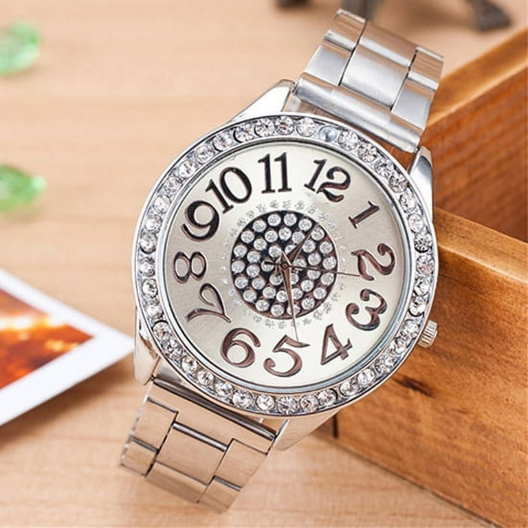 SSBSM Women Luxury Big Numbers Round Dial Rhinestone Inlaid Alloy