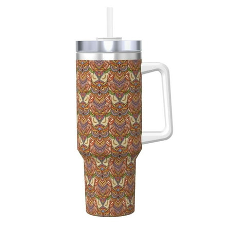 

Goofa Owl Mandala Print 40oz Ice Bully With Handle And Straw Stainless Steel Vacuum Insulated Cup And 2 In 1 Straw Lid