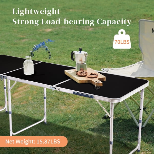 Alvantor 6 ft Portable Folding Camping Table, Black Aluminum