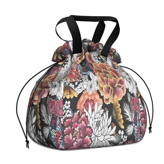 Pioneer Flower Floral Print Pattern Drawstring Lunch Bag Women - Drawstring Lunch Bag Insulated for Work Office - Stain-Resistant Large Lunchbags for Women with Multi-Pockets