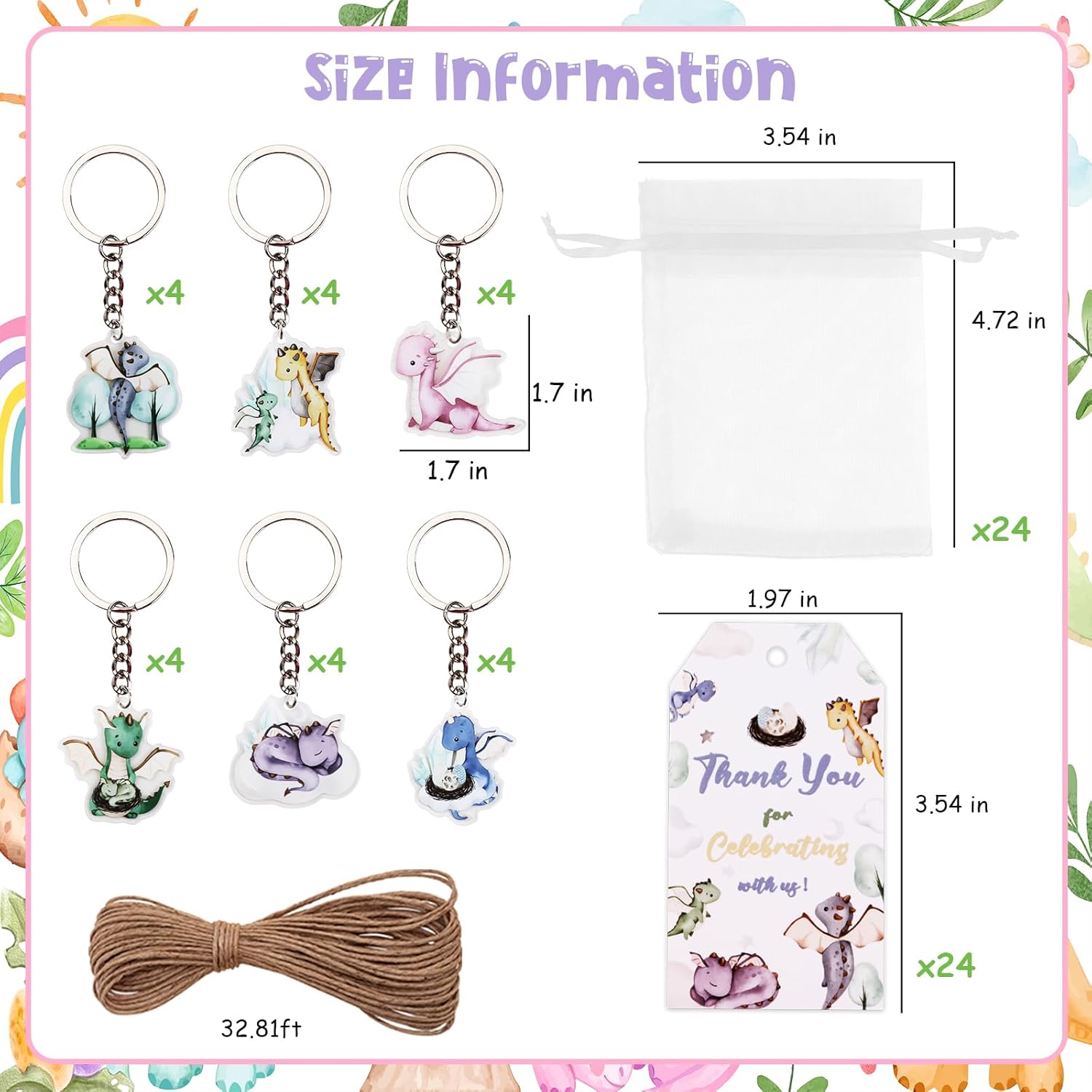 Serencatcher 72Pcs Dragon Party Favors, Dragon Baby Shower Decorations, Watercolor Dragon Thank You Tags Keychain White Organza Bags for Hatching Soon Baby Shower Birthday Party Supplies