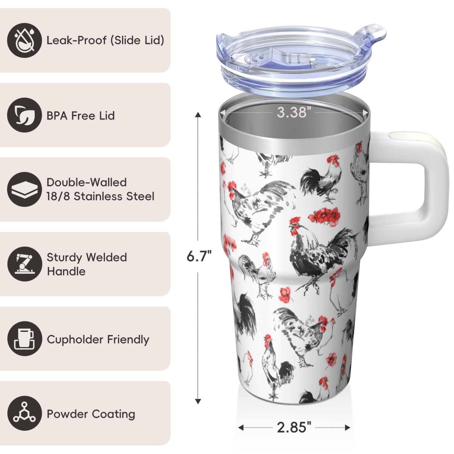 20oz Barnyard Chicken Tumbler with Handle Practical Birthday Christmas Gift for Chicken Fans Women Men Insulated Travel Mug Cup Holder Friendly Durable Build Hot Tea Cold Water Office Home Use