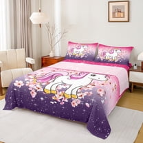 Manfei Kawaii Cartoon Unicorn Queen Sheet Sets for Kid, Pink Purple Sequin Print Flat Sheet, Blossoms Floral Queen Fitted Sheet, Lightweight Room Decor, 4-Piece