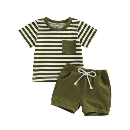 

Wallarenear 2Pcs Baby Boy Summer Tracksuit Stripe Print T-Shirt Tops Elastic Waist Shorts