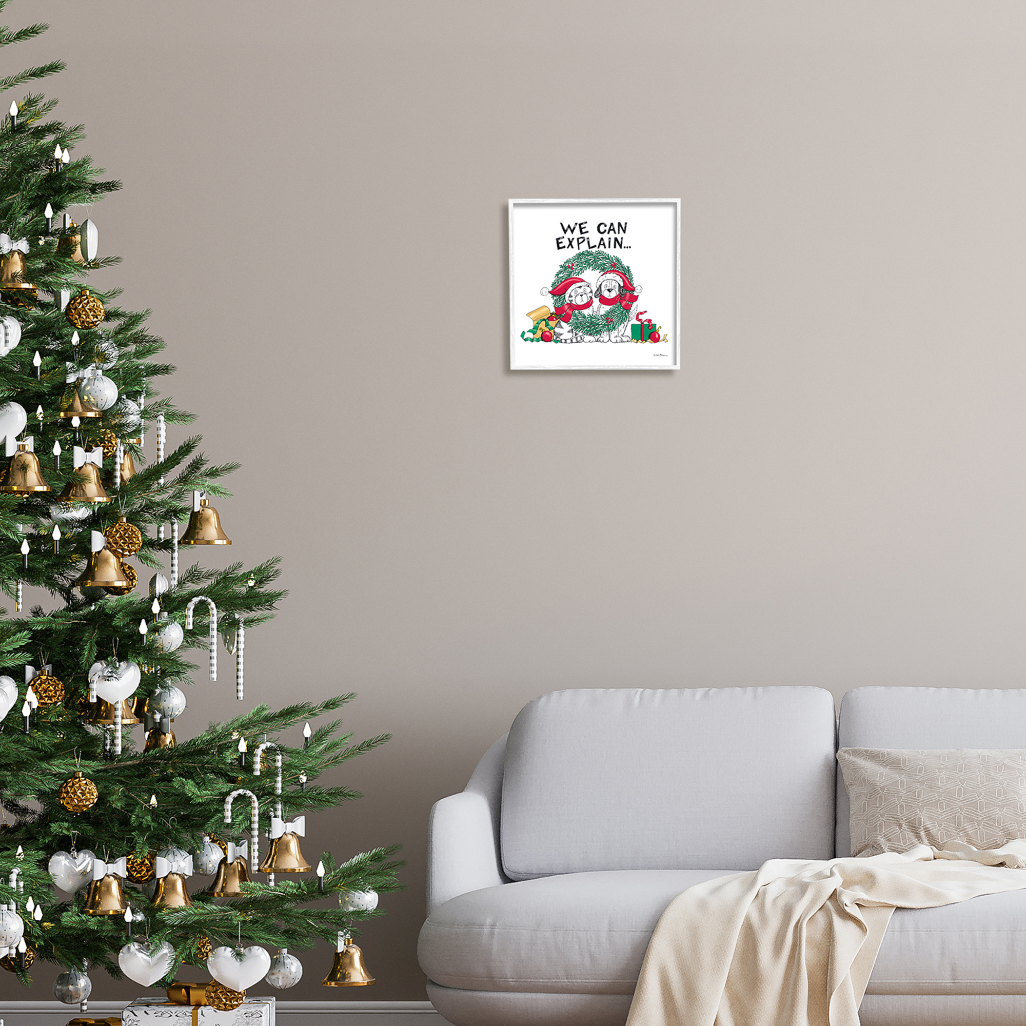 Stupell Industries Cat & Dog Christmas Humor Holiday Painting White Framed Art Print Wall Art, 12 x 12