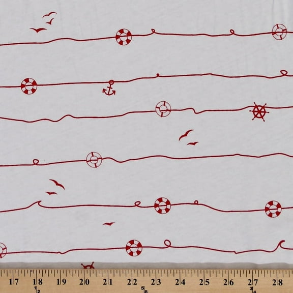 Cotton Jersey Knit Nautical Anchors Helm Life Preservers Fabric by the Yard- White (8757F-6M)