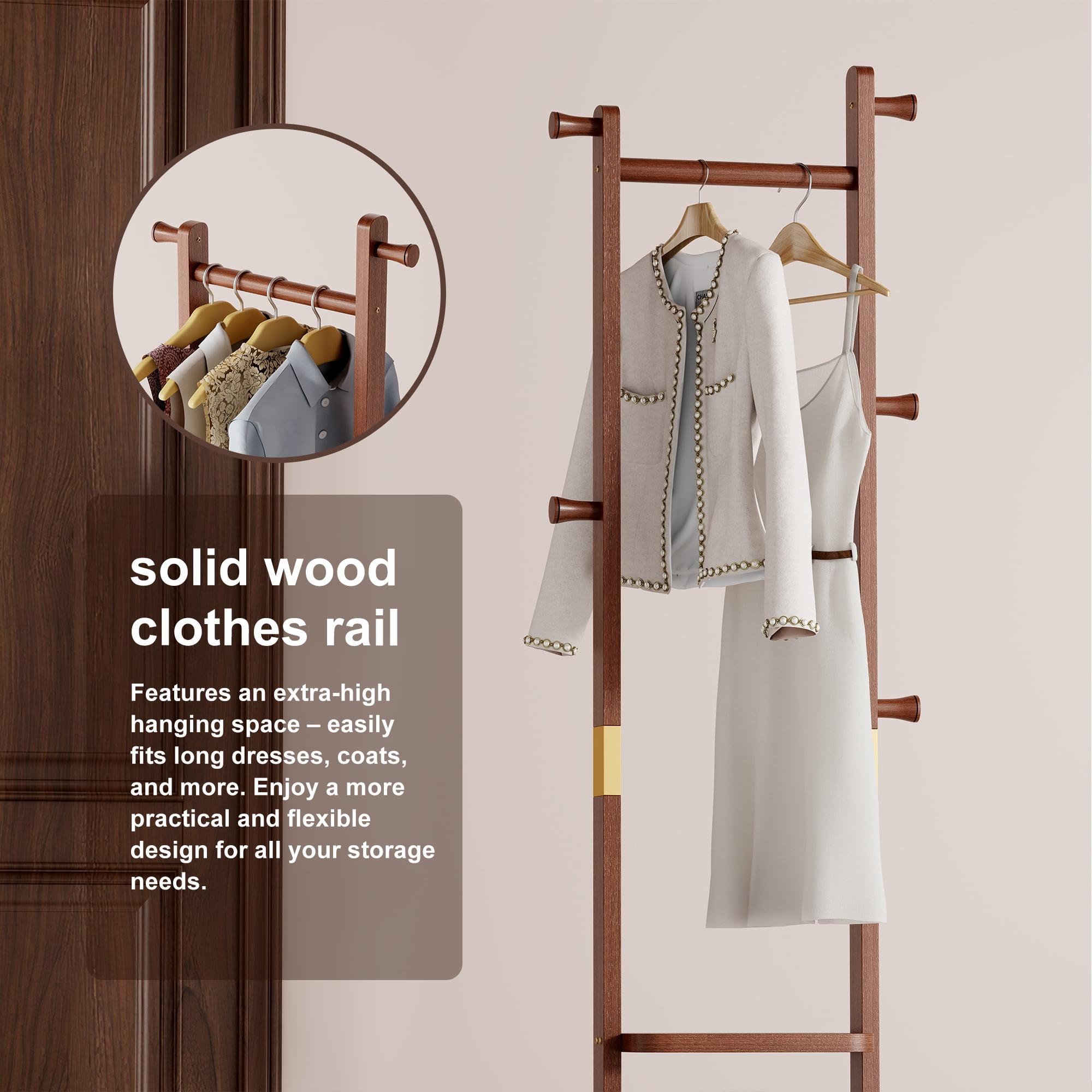 HOQBN Wood Coat Rack,70"H Solid Wood Hall Tree with 5 Hooks & Wood Hanger for Hallway,Living Room,18.9 x 11.8 x 69.63 inches,Walnut