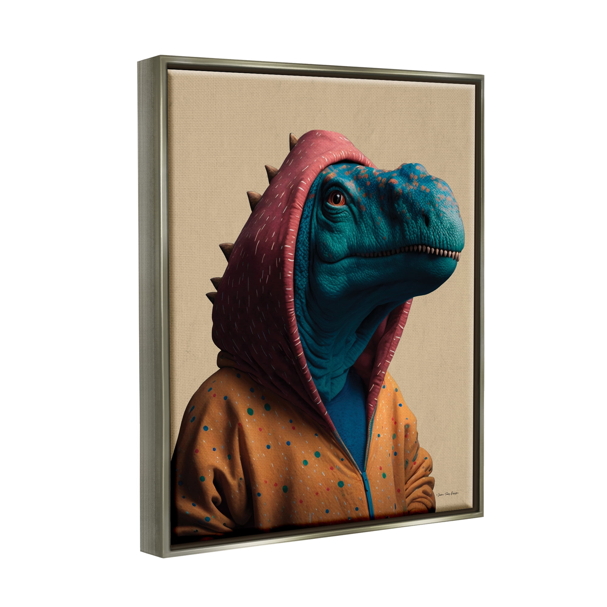 Stupell Industries Fun T-Rex in Hoodie Animals & Insects Painting Gray Floater Framed Canvas Art Print Wall Art, 25 x 31