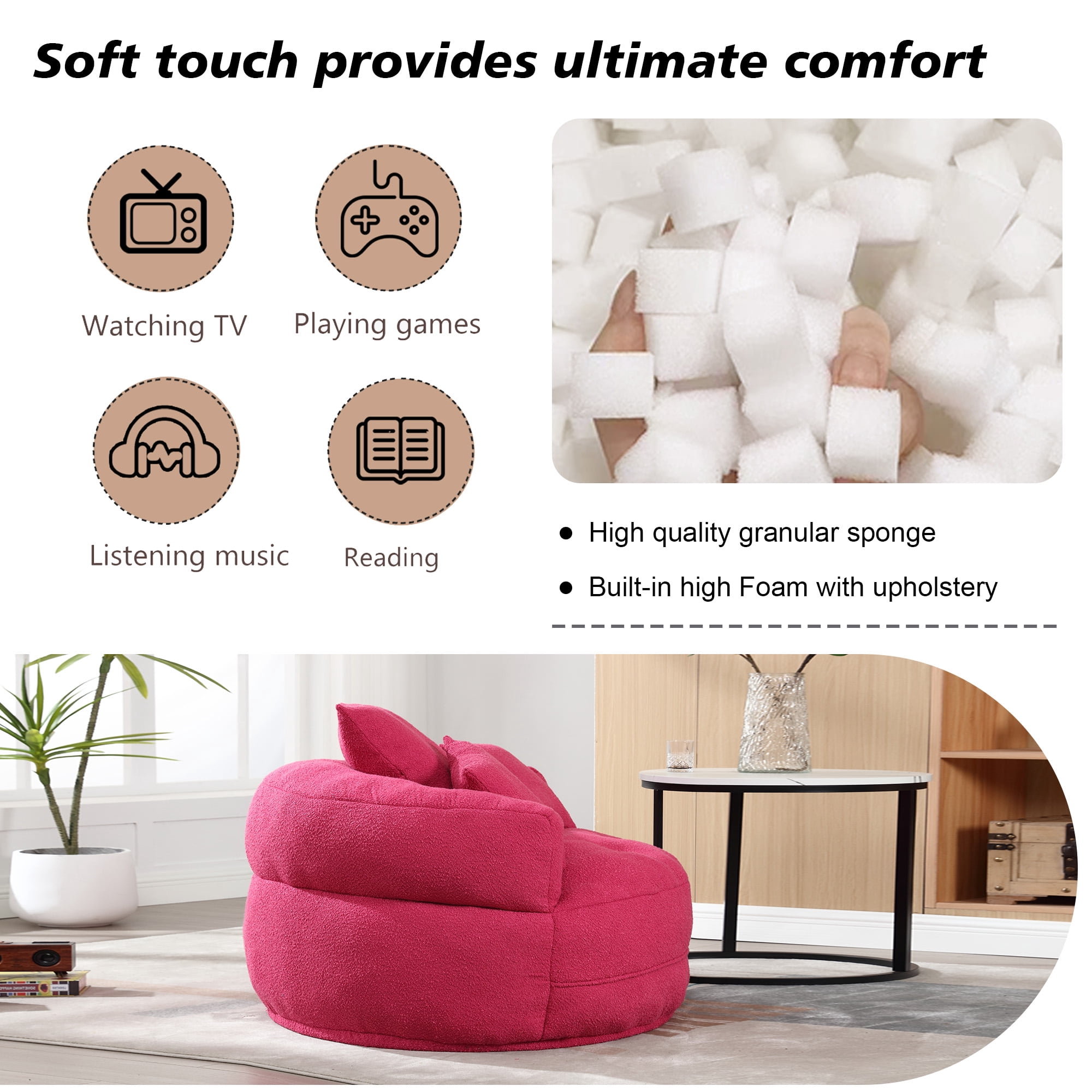 MOONMISS Boucle Upholstered Tufted Soft Barrel Accent Living Room Chair with Toss Pillows-Pink